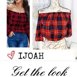 I.Joah red plaid on/off shoulder balloon crop top